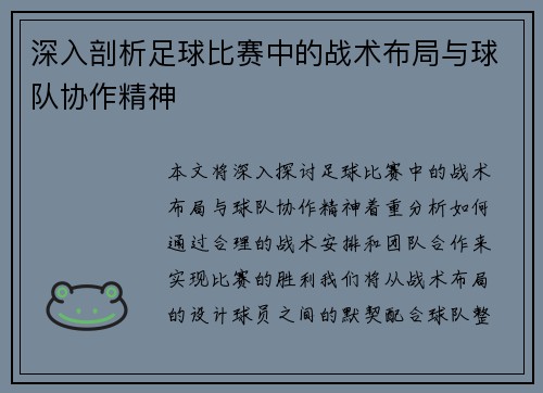 深入剖析足球比赛中的战术布局与球队协作精神