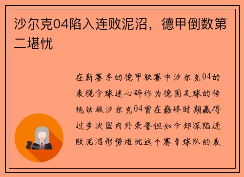 沙尔克04陷入连败泥沼,德甲倒数第二堪忧