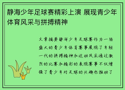 静海少年足球赛精彩上演 展现青少年体育风采与拼搏精神
