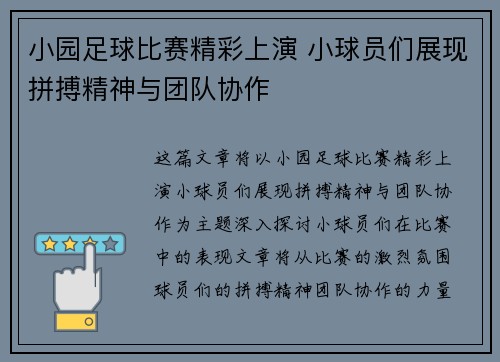 小园足球比赛精彩上演 小球员们展现拼搏精神与团队协作