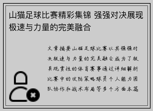山猫足球比赛精彩集锦 强强对决展现极速与力量的完美融合