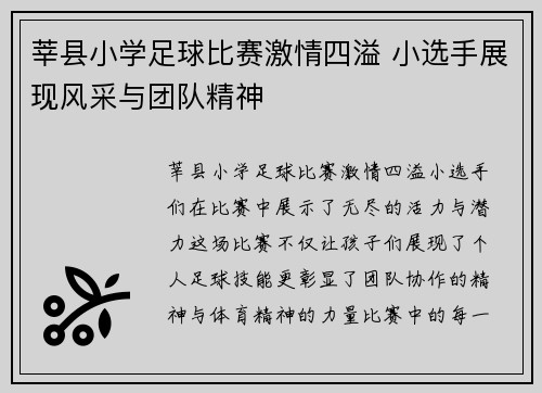 莘县小学足球比赛激情四溢 小选手展现风采与团队精神