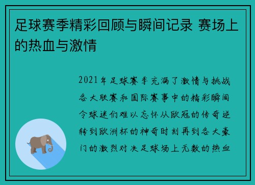 足球赛季精彩回顾与瞬间记录 赛场上的热血与激情