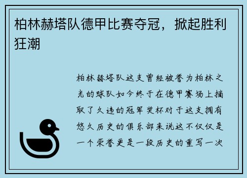 柏林赫塔队德甲比赛夺冠，掀起胜利狂潮