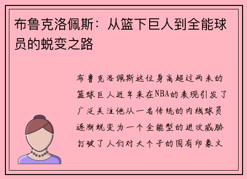 布鲁克洛佩斯：从篮下巨人到全能球员的蜕变之路
