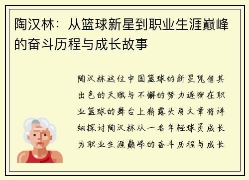 陶汉林:从篮球新星到职业生涯巅峰的奋斗历程与成长故事