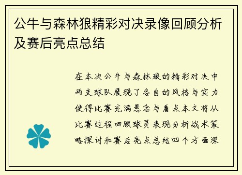 公牛与森林狼精彩对决录像回顾分析及赛后亮点总结