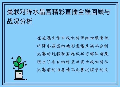 曼联对阵水晶宫精彩直播全程回顾与战况分析