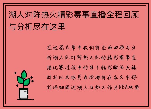 湖人对阵热火精彩赛事直播全程回顾与分析尽在这里