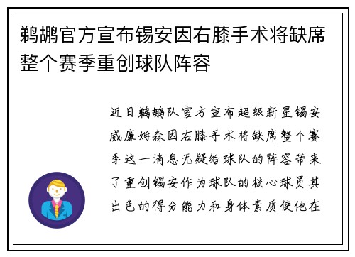 鹈鹕官方宣布锡安因右膝手术将缺席整个赛季重创球队阵容