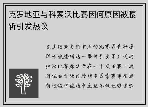 克罗地亚与科索沃比赛因何原因被腰斩引发热议