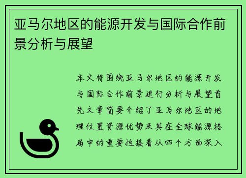 亚马尔地区的能源开发与国际合作前景分析与展望