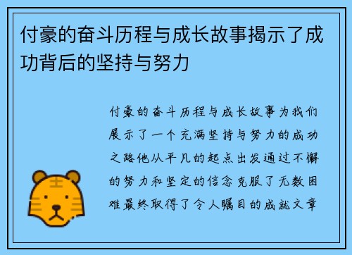 付豪的奋斗历程与成长故事揭示了成功背后的坚持与努力