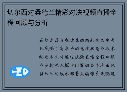 切尔西对桑德兰精彩对决视频直播全程回顾与分析