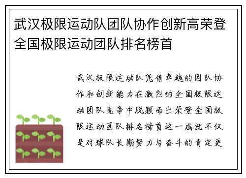 武汉极限运动队团队协作创新高荣登全国极限运动团队排名榜首
