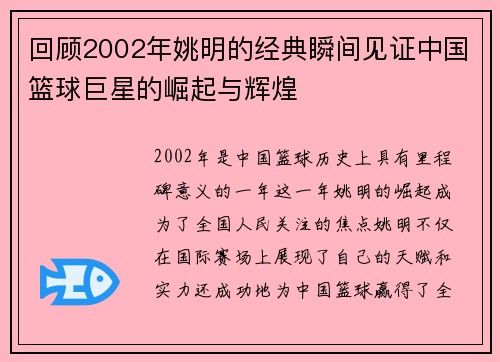 回顾2002年姚明的经典瞬间见证中国篮球巨星的崛起与辉煌