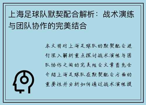 上海足球队默契配合解析：战术演练与团队协作的完美结合