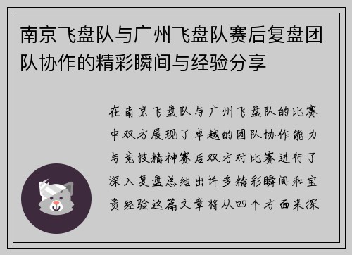 南京飞盘队与广州飞盘队赛后复盘团队协作的精彩瞬间与经验分享