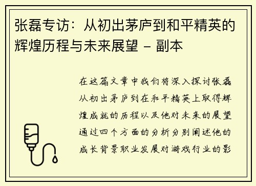 张磊专访：从初出茅庐到和平精英的辉煌历程与未来展望 - 副本
